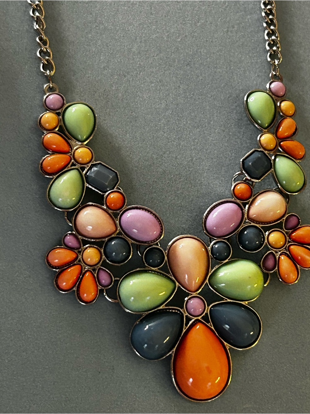 Multicolor Teardrop Statement Necklace Pastel colors silver tone 16-18”